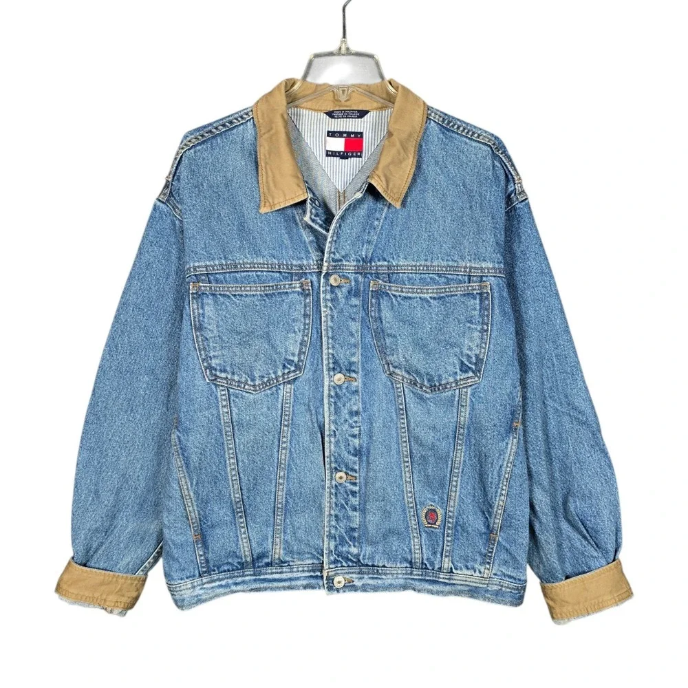 Vintage 90s Tommy Hilfiger Denim Jacket Mens Large Blue Jean Crest Logo Pockets - Picture 1 of 8